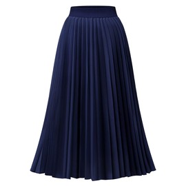 DRESSTELLS Pleated Midi Skirts for Women, Long High Waisted Chiffon Flare Casual Skirt 2024, Navy, Medium