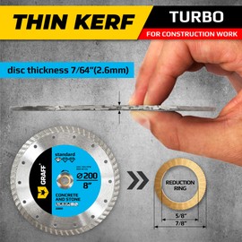 8 Inch Diamond Cutting Wheel for Angle Grinder Arbor 7/8"-5/8" – Turbo Diamond Blade for Stone, Marble, Granite, Brick, Masonry, Concrete – Diamond Saw Blades GRAFF