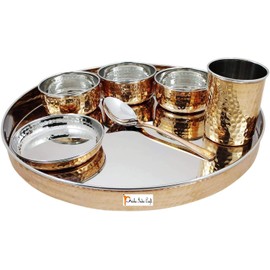 Prisha India Craft Dinnerware Stainless Steel Copper Traditional Dinner Set Of Thali Plate, Bowls, Glass And Spoon, Diameter 13 Inch