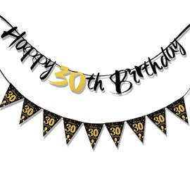 30th Birthday Party Decorations Black and Gold, Happy Birthday Bunting Banner for Men Women, Happy 30th Birth Banner for Women Men 30 Years Old