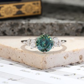 IRROYA 8mm Portuguese Cut Bluish Green Moissanite Engagement Rings for Women - Platinum Plated Silver 0.23 Carats Cluster White Cubic Zirconia Wedding Rings for Her - 925 Sterling Silver Yellowish