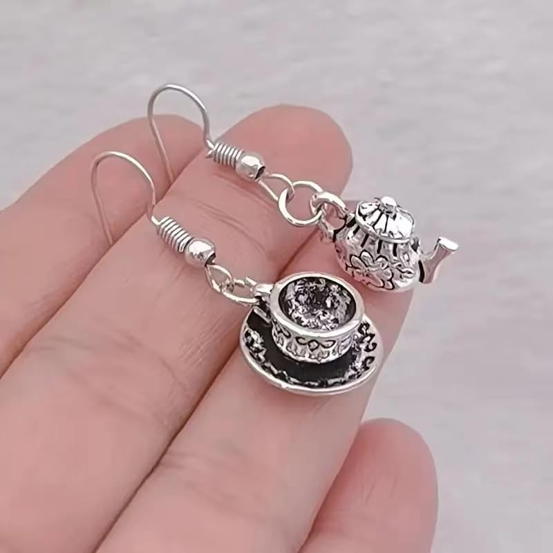 Vintage Tea Cup and Kettle Dangle Earrings Cute Teapot Teacup