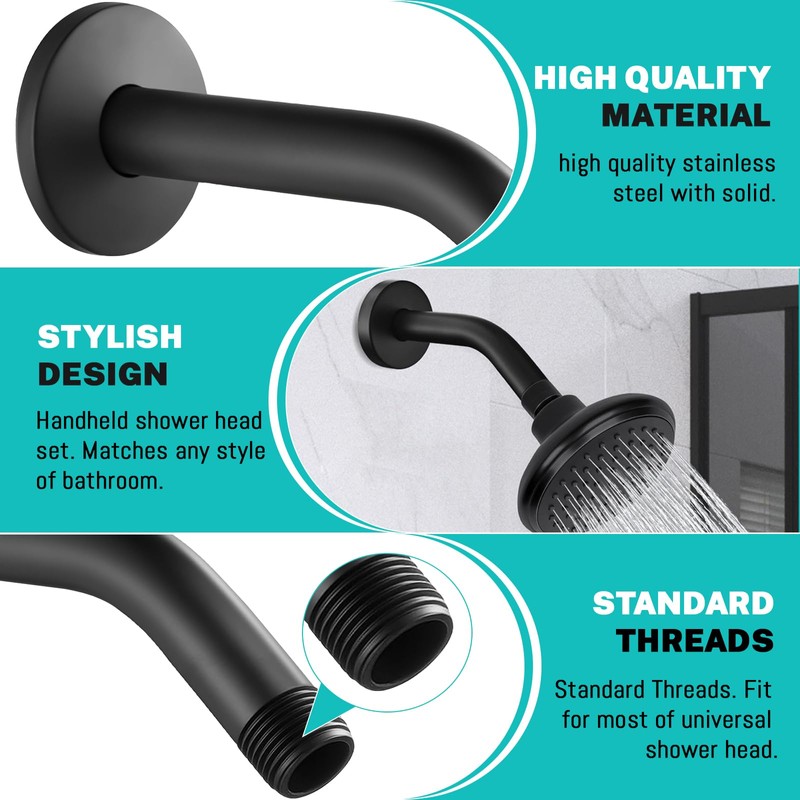 Black Shower Arm with Flange, Wall Mounted Shower Head Extension,