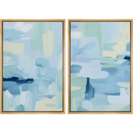 Ashbrook Framed Canvas Print Wall Art Set Blue and Aqua Abstract Brushstroke with Soft Pastel Tones Illustrations Modern Art Decorative for Living Room, Bedroom, Office - 24"x36"x2 Natural