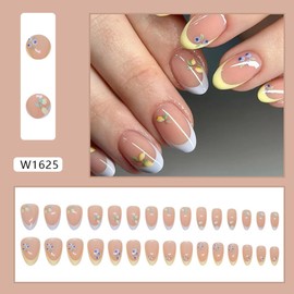 30Pcs French Tip Press on Nails Short Almond - Yellow White French Fake Nails Press ons with Mango Strawberry Design Nude Pink False Nails Full Cover Acrylic Nail Art Kit Glue on Nail for Women Girls