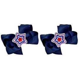 USA Patriotic Ponytail Hair Bow Set with Embroidered Star ~ Funny Girl Designs (Navy Bow White Star)
