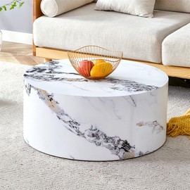 Round Coffee Table Living Room Table, Modern White Faux Marble Center Couch Table, No Assembly Required - Ready to Use,Space-Saving