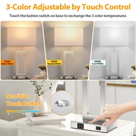22’’ Touch Control Table Lamps Set of 2, 3 Color Temperatures Bedroom Bedside Lamps, Modern Silver Dimmable Lamps with USB Ports & AC Outlet, Tall Living Room Lamps for Nightstand End Table, 2 Bulbs
