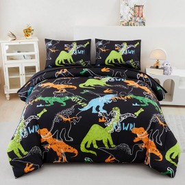 ZSYAYAHA Boys Dinosaur Comforter Set Full Size Kids Bedding Set for Boys Teens 5 Pieces Dinosaur Bed Set Reversible Black Bed in A Bag for Kids Bedroom Sets(Black, Full)