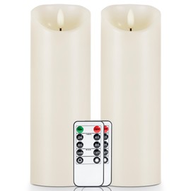 5plots 9" x 3" Flickering Flameless Candles - Battery Operated Wax LED Candles - Amber Yellow Light with Remote and Timers Set of 2, Ivory, for Home Decor, Candle Sconces