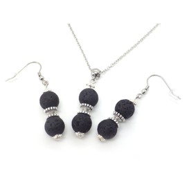 Damen-Ohrringe und Halskette-Schmuckset mit schwarzem Lavastein-Perlenanhänger und tibetischen Perlen