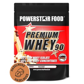 Powerstar Premium Whey 90 | 90% Protein I.Tr | Whey Protein Powder 850 g | Made in Germany | 55% CFM Whey Isolate & 45% CFM Concentrate | Protein Powder with Only 1% Carbohydrates | Hazelnut