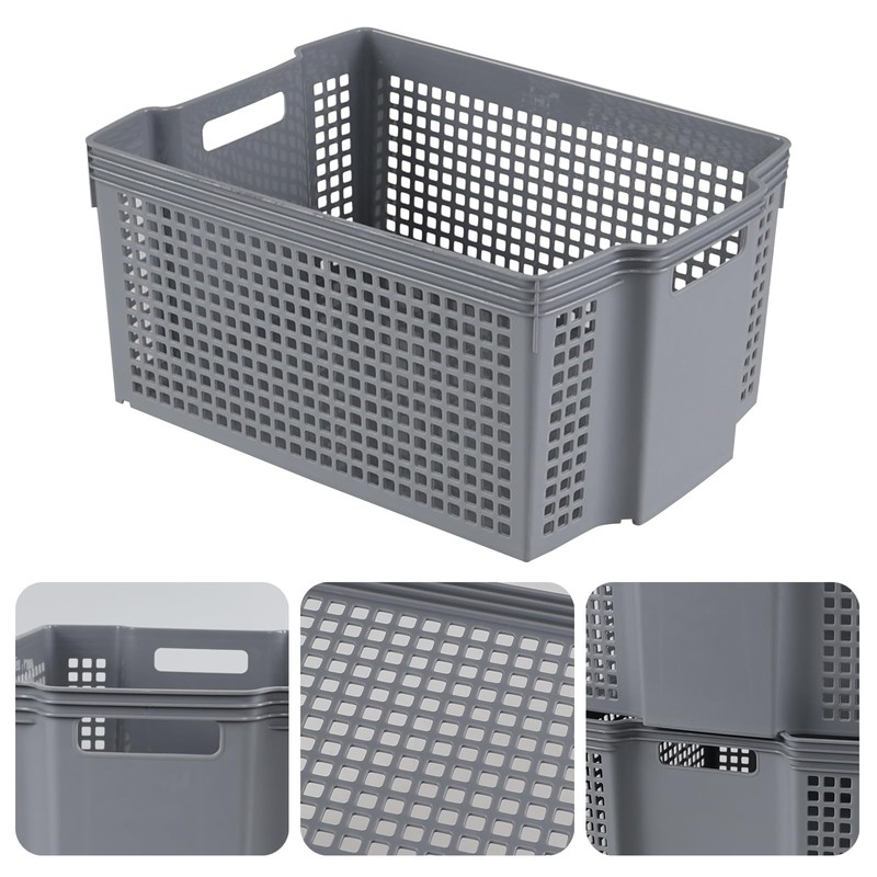 Gitany 2 Pack Plastic Stackable Basket, Large Storage Basket, Grey