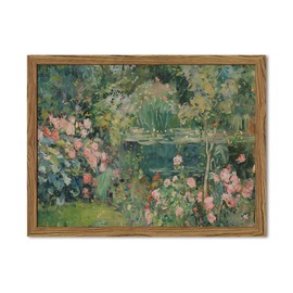 Framed Vintage Floral Landscape Canvas Wall Art, Rose Garden Pond Wall Decor Paintings, Rustic Cottagecore Nature Plant Pictures Prints Aesthetic Home Decor for Living Room Bedroom Bathroom 12x16 inch