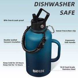 BJPKPK Half Gallon Insulated Water Bottles with Straw Lid & Side Handle, 64oz Large, Stainless Steel Water Bottles with 3 Lids and Paracord Strap, Metal Water Jug,Vast