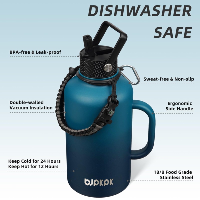 BJPKPK Half Gallon Insulated Water Bottles with Straw Lid &