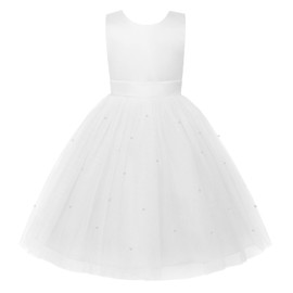 Uhnice Flower Girl Dress Satin V-Back Ball Gown for Wedding Party with Bowknot (White, 140cm /7-8T)