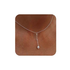 Aneneiceera Bohemian Pearl Y Drop Necklace White Pearl Y Lariat Necklace Satellite Chain Tassel Necklace Gold Minimalist Necklace Chain Jewellery for Women (Gold), Zinc