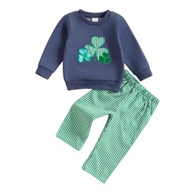 DSOKUHIB Toddler Baby Boy St. Patrick's Day Outfit Clover Embroidered Long Sleeve Sweatshirt Plaid Pants Set 2Pcs Clothes (Blue, 18-24 Months)