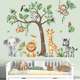 decalmile Jungle Animals Tree Wall Decals Safari Lion Elephant Monkey Wall Stickers Kids Bedroom Baby Nursery Wall Decor