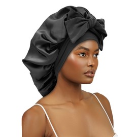 Satin Silk Bonnet for Sleeping Women Hair Bonnet for Curly Hair Head Wrap Scarf Night Sleep Cap Bonnets for Women Men Girls with Elastic Tie Band(Black)