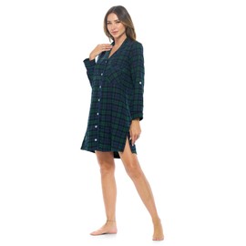 Ashford & Brooks Women's Flannel Plaid Sleep Shirt Button Down Nightgown - Navy Blackwatch Plaid - XX-Large