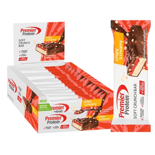 Premier Protein Soft Crunch Bar Strawberry Yoghurt 12 x 45 g - Protein + Low Sugar + Carbohydrate Reduced + Palm Oil Free