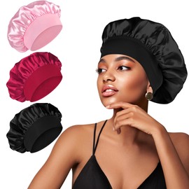 Oumida Satin-Mütze für Nachthaare, Satin-Mütze aus Seide, weich und dehnbar, für Damen, langes Haar, lockiges Haar, Schwarz / Bordeaux / Rosa, One size
