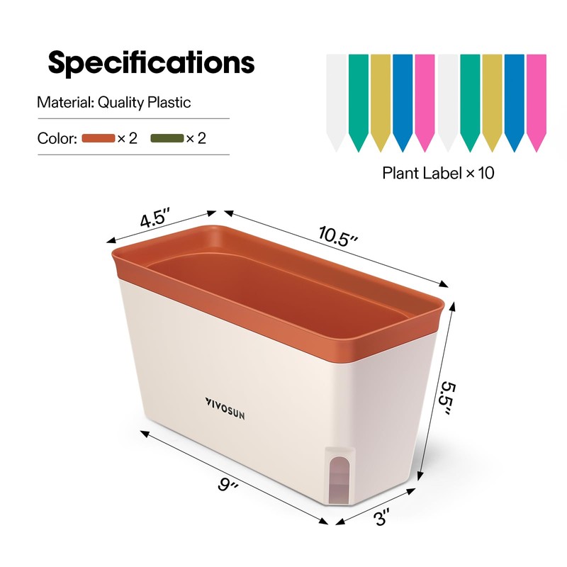 VIVOSUN Self-Watering Planters, 4-Pack 10.5 Inch Compact Rectangular Window Herb