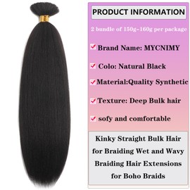 26Inch Kinky Straight Bulk Hair for Braiding No Weft 2 Bundles 150g Quality Faux Braiding Hair Extensions for Boho Braids Wet and Wavy Yaki Straight Bulk Hair for Micro braiding 26Inch, Natural Black