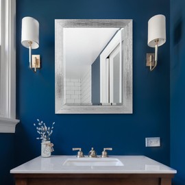 Head West Chrome Textured Beveled Framed Wall Mounted Vanity Mirror, Accent Decorative Mirrors for Wall Decor, Rectangle Modern Bathroom Mirrors for Over Sink, Bedroom, Living Room, Entrance 23x29