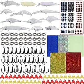 Crankbait Blanks Unpainted Fishing Lure Making Kit, Clear Minnow Hard Bait Set with Fishing Lure Eyes, Treble Hooks, Split Rings, Fishing Lure Stickers DIY Fishing Lure Kit 300pcs