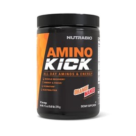 NutraBio- Amino Kick BCAAs, Electrolitos para Hidratación, Cafeína Natural30 Porciones(Mango Naranja)                                                 