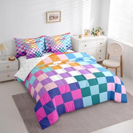 Feelyou Multicolored Checkered Retro Bedding Sets Kids Boys Girls Geometric Vintage Comforter Bed in a Bag Full Size Rainbow Colorful Bed Duvet Insert Modern Simple Groovy Aesthetic Room Decor