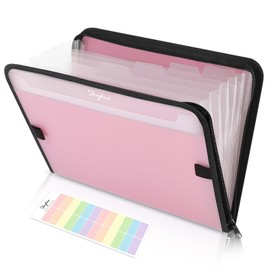 SKYDUE Accordion File Organizer, 7 Pocket Expanding File Folder with Front Pocket, Important Document Organizer with Double Zipper, School Office Supplies，Pink Folder