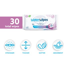 WaterWipes Sensitive+ Body & Intimate Wipes, 3-In-1 Cleans, Cares, Protects, 99.9% Water, Unscented & Hypoallergenic Hygiene Wet Wipes, Adult Care, 30 Wipes (1 Packs)