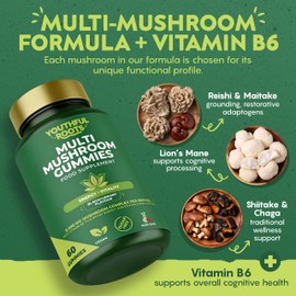 Youthful Roots 6-in-1 Multi Mushroom Gummies with Vitamin B6 - Focus, Energy & Vitality - Vegan & Sugar-Free - 60 Gummies - for Kids and Adults