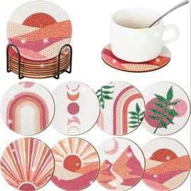 Landscape Pattern DIY Diamond Arts Colorful Painting Coaster, 8 Counts Round Table Decorative Cup Mat With Stand For Home Kitchen Coffee Shop