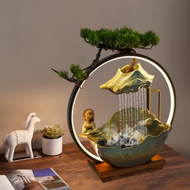 Water Fountains Indoor Tabletop Waterfall Humidifier W/LED Light & Atomizer Mist &Cute Monk Statue, Zen Decor Meditation Japanese Decor Fake Plants Feng Shui Decor Festival Birthday Gift