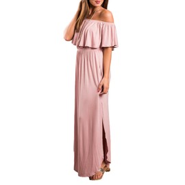 Womens Off The Shoulder Ruffle Party Dress Side Split Beach Long Maxi Dresses Pink XL