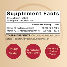 NatureBell Vitamin D3 50,000 IU + K2 200 mcg, 180 Softgels | Once-Weekly Formula with Coconut Oil | Max Strength Bone, Heart & Immune Support | MK-7 Form | Non-GMO