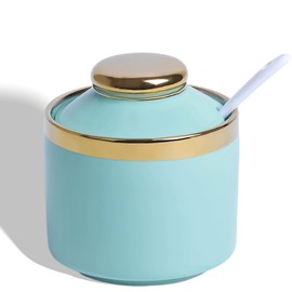 HAOTOP 8 oz Sugar Bowl with Lid and Spoon, Simple Ceramic Sugar Jar Sugar Dispenser Sugar Container Coffee Bar Accessories, Modern Kitchen Countertop Canisters, Turquoise
