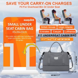for Easyjet Airlines Underseat Cabin Bag 45X36X20 Weekend Overnight Carry on Holdall for Women Travel Duffel Sport Gym Tote Mum Hospital Bags with Wet Pocket,B12-Slate Grey