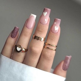 ANDGING Pink Ombre Press on Nails Square Short Medium Glue on Nails for Women Fantasy Glitter Fake Nails with White Heart Designs Gel Acrylic Stick on Nails for Wedding Manicure False Nails