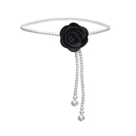 Pearl Belt Flower Pearl Chain Belt for Women Dresses Camellia Pearl Waist Chain White Belt Belly Body Chains Wedding Belt for Bridal Prom Jewelry Gift (Black)