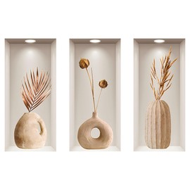 3pcs Plant Wall Stickers Living Room Wall Stickers 3D Wall Sticker Vases Vinyl Removable Wall Sticker Decals DIY for Bedroom Kitchen Bathroom Wall Decor (A)