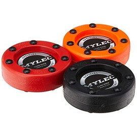 Mylec Hockey Pucks for Outdoor Hockey, Made with PVC, Hockey Stuff with Graphite Reinforced Shaft & Nylon Glides, Training Pucks for Street Hockey (110gm, Pack of 3-Black, Orange & Red)