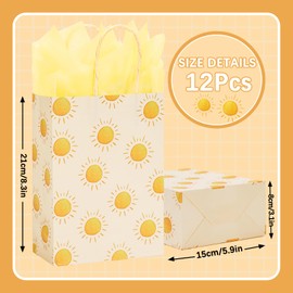 Whaline Boho Sun Party Favor Bag with 20Pcs Yellow Tissue Paper First Trip Around The Sun Gift Candy Treat Bag with Handles for Baby Shower Birthday, 12Pcs