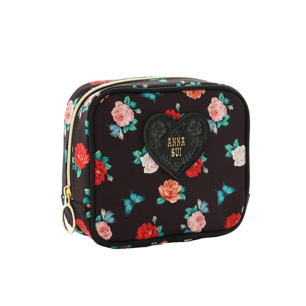 ANNA SUI 000151-0002-02 Square Pouch, Heart Plate, Black, Rose Pattern,