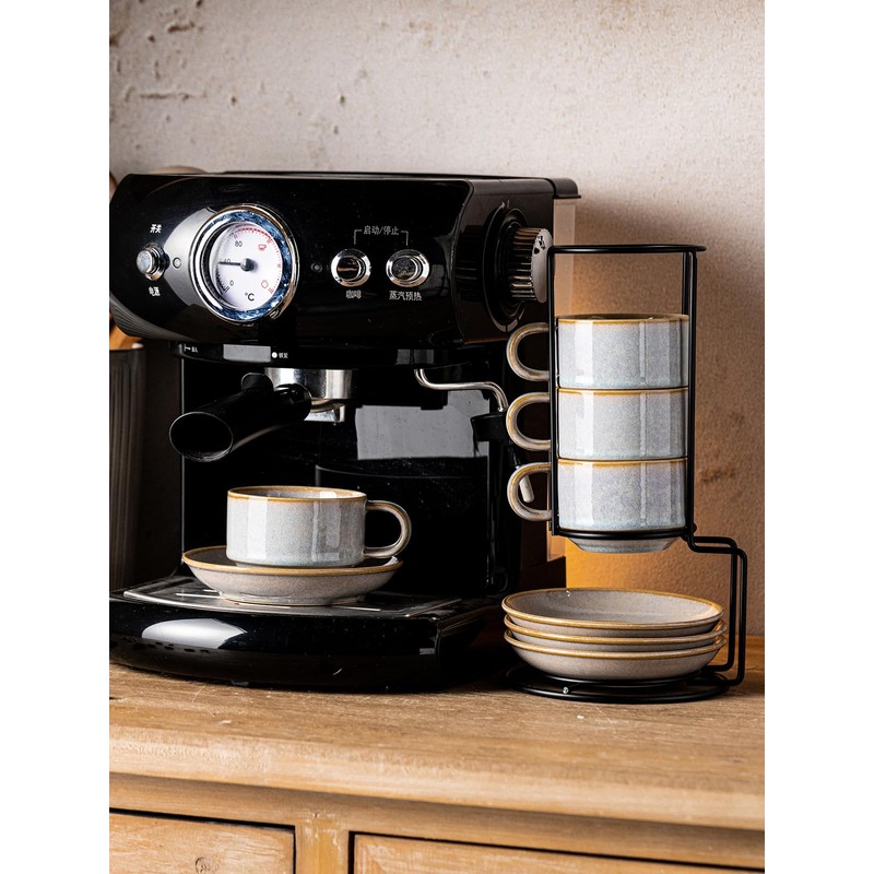 Gomakren 6 Ounce Cappuccino Cups with Saucers and Metal Stand,